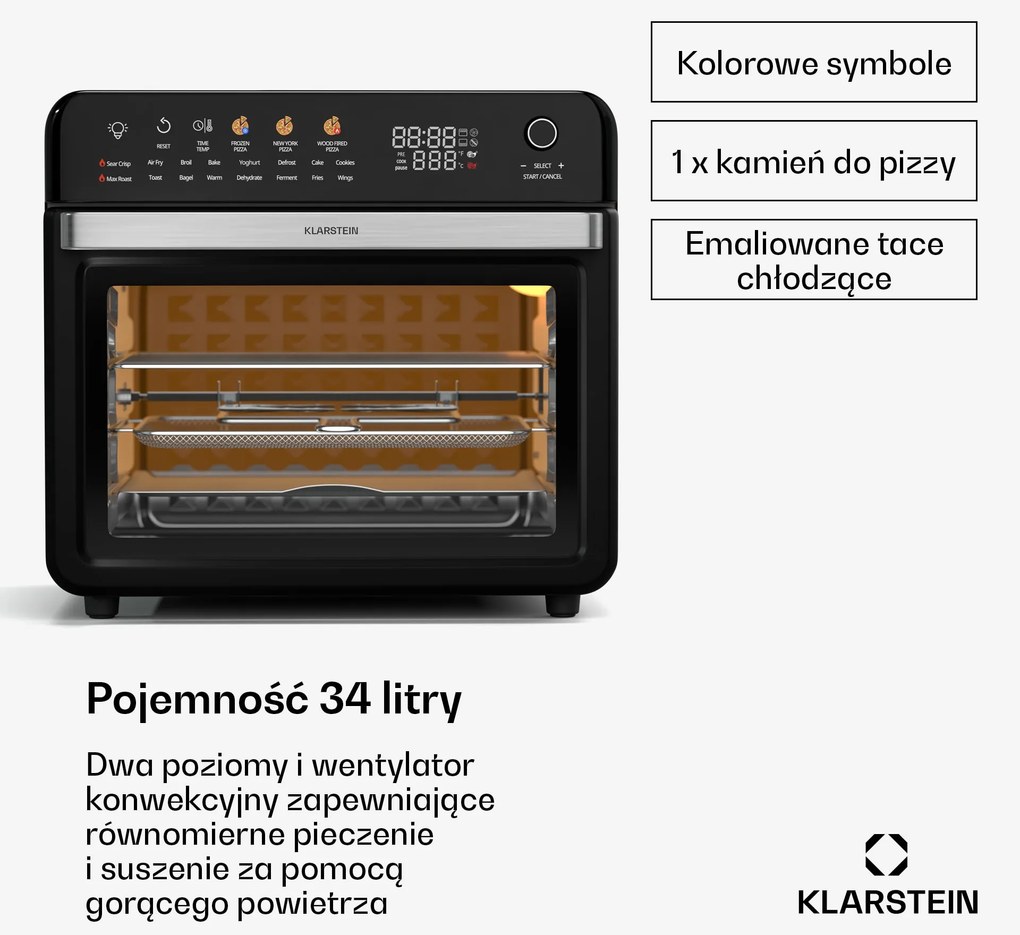 Klarstein AirGlaze Digital 2000W 34L Piekarnik Elektryczny z Termoobiegiem Czerń