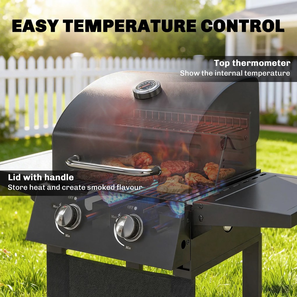 Outsunny Grill gazowy 5,4 kW, 2 palniki, stalowy wózek grillowy z termometrem, chromowany ruszt i półka do podgrzewania | Aosom PL