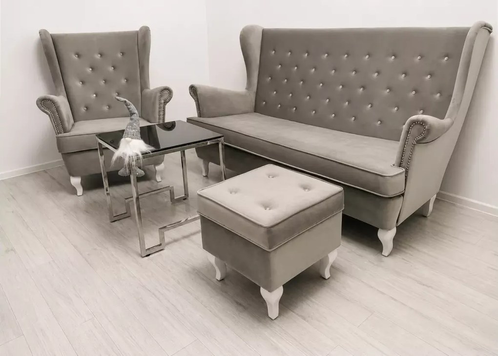 Zestaw pikowanych mebli wypoczynkowych - sofa uszak 3 osobowa z fotelem i podnóżkiem