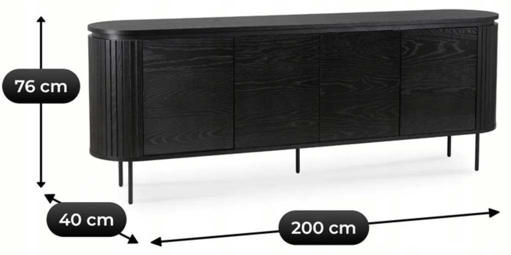 Komoda do Salonu BECK 200 cm Czarna Czterodrzwiowa Ryflowana Nowoczesna