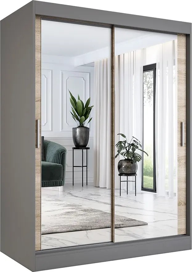 Szafa przesuwna z lustrem 150 cm antracyt + dąb sonoma H4-L27