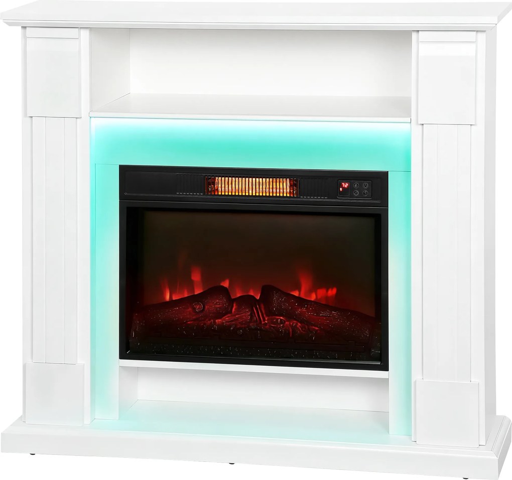 HOMCOM Kominek elektryczny z oświetleniem LED, realistyczny efekt płomieni, 1800W, półka nad kominkiem, 2 piloty, szkło, biały
