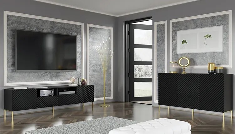 Szafka pod TV w stylu glamour czarny mat + złote nóżki - Resa 6X