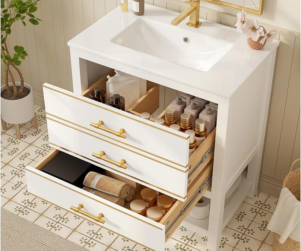 Mebel łazienkowy - z ceramiczna umywalką - z 2 szufladami i 1 otwartą przegródką - biały​ (bateria nie jest wliczona w cenę)