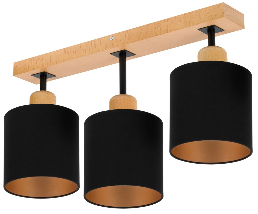 Czarna lampa sufitowa, trzypunktowy spot CL-DSC50x7BU-SC z drewna E27