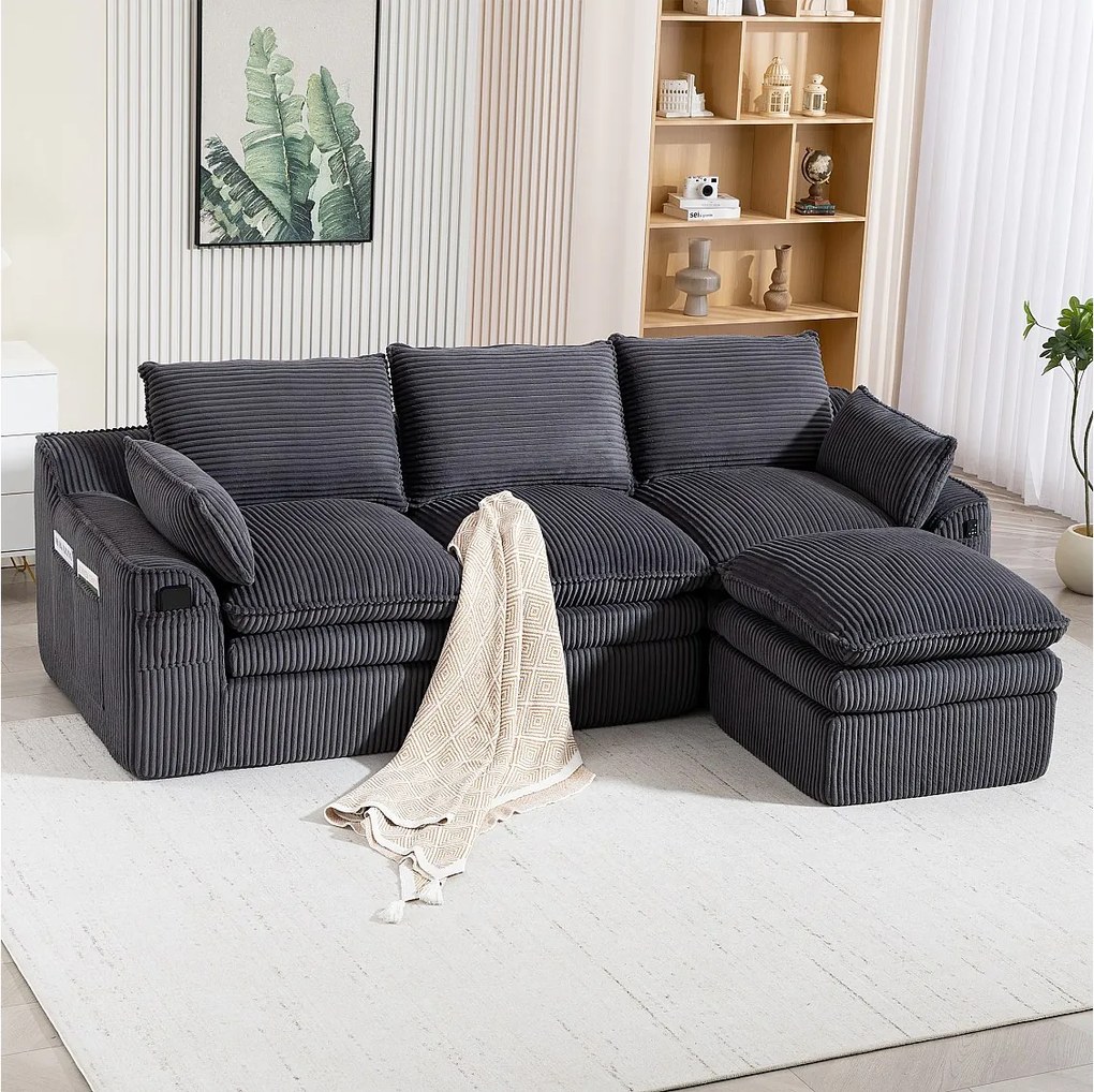 Modułowy zestaw wypoczynkowy z 3-osobową sofą z kordu - 263 x 167 x 85 cm - z 1 pufem + poduszki + 2 kieszenie - ciemnoszary