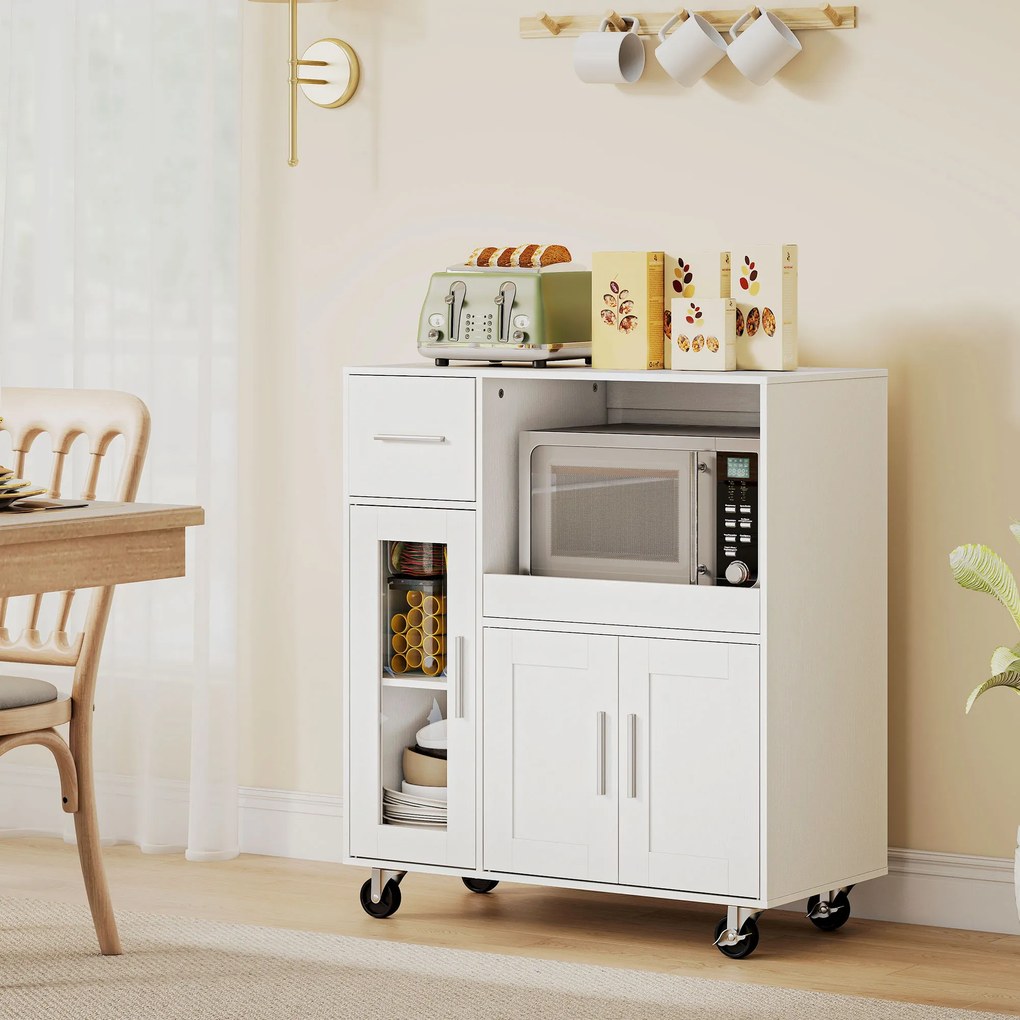 HOMCOM Szafka kuchenna na kółkach, mobilna komoda kuchenna z półkami, szufladami, regulowaną półką, otworem na kabel, biały