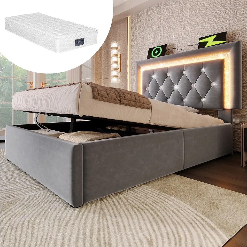 Łóżko tapicerowane, jednoosobowe, ze schowkiem - 90 x 200 cm - zagłówek z diodami LED + USB i Type-C - hydrauliczny schowek - welur - szary (z materacem)
