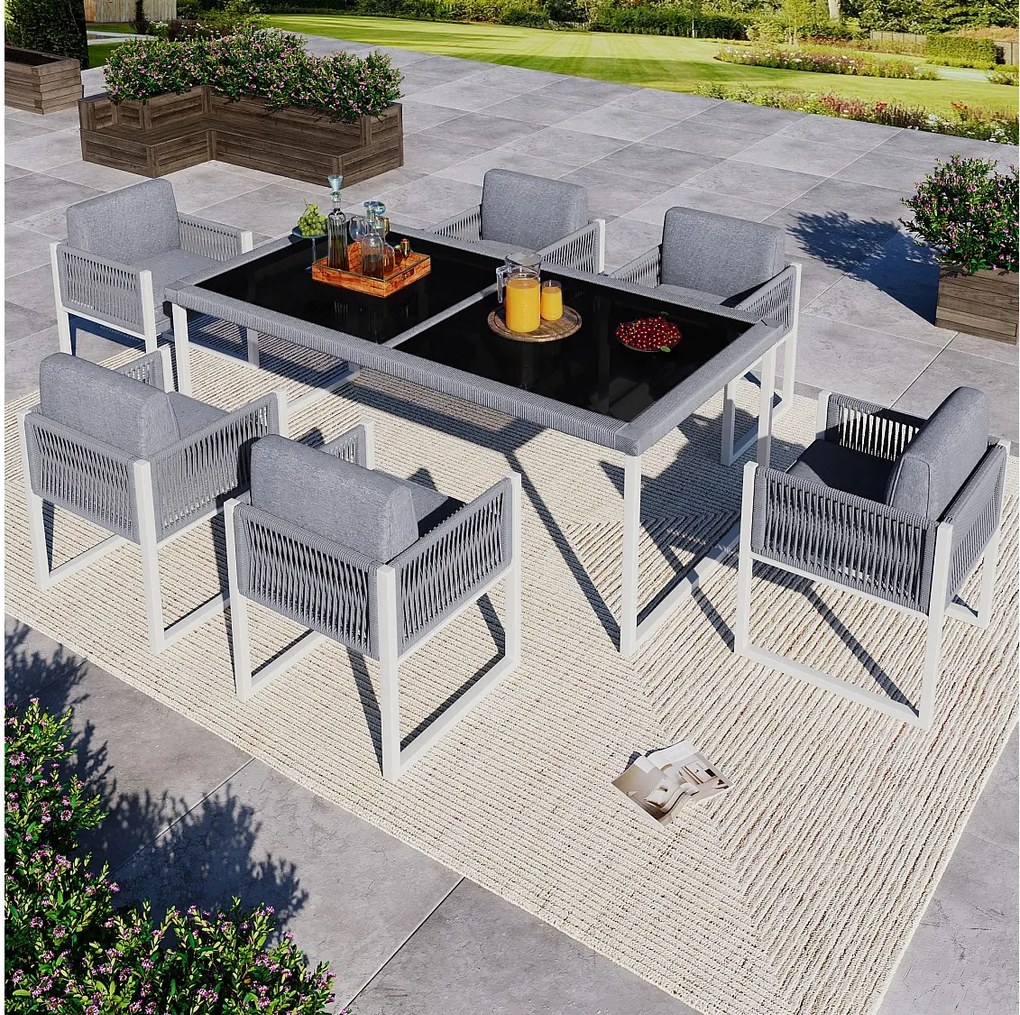 6-osobowy zestaw ogrodowy z liną – stół z blatem ze szkła hartowanego, wygodne krzesła ze zdejmowanymi poduszkami i zmywalnymi pokrowcami