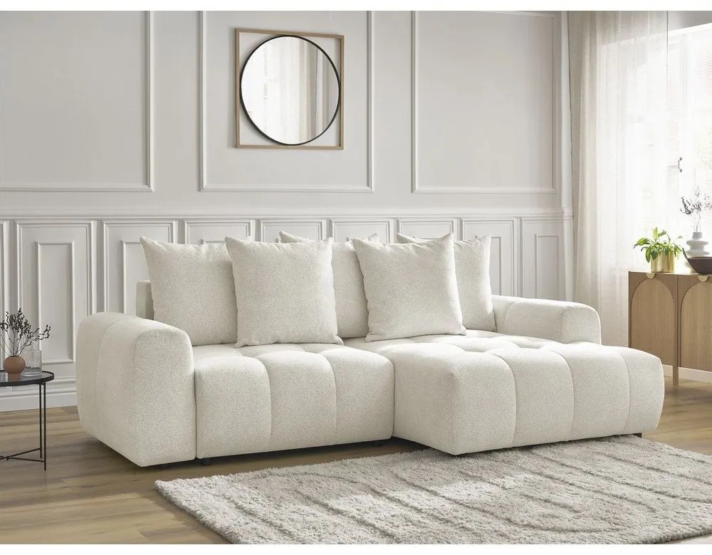 Biały rozkładany narożnik z tkaniny szenilowej ze schowkiem (prawostronny/z szezlongiem) Roxelane – Bobochic Paris