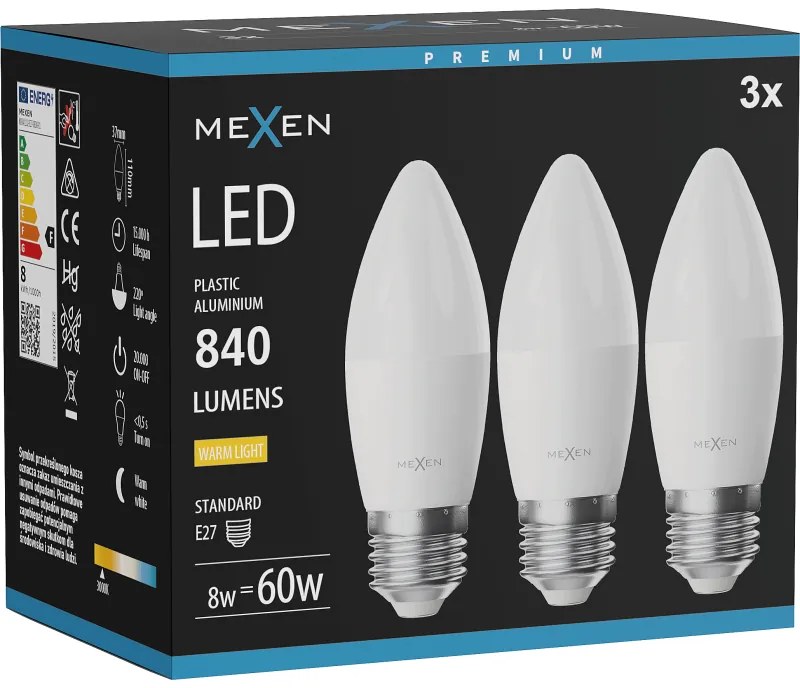 Mexen Nova 3x żarówka LED E27, C37, 8W, Ciepła - 3000K, 840 lm - L102-E27-0830-01x03