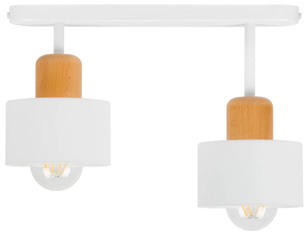 Biała lampa sufitowa, dwupunktowy spot DBU3306WE z drewna i metalu E27