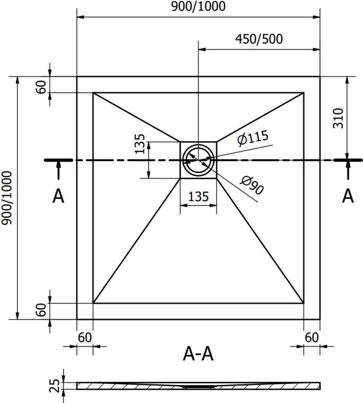 Mexen Stone+ brodzik kompozytowy kwadratowy 100 x 100 cm, szary-beton - 44611010