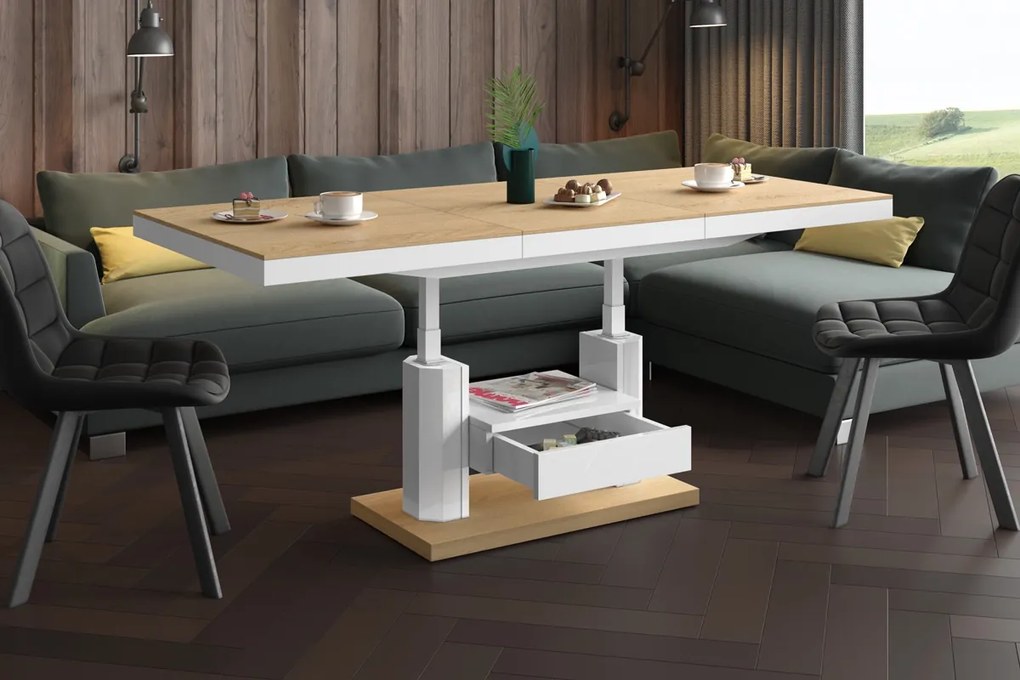 Nowoczesny ławostół z półką i szufladą Quadro Max Hubertus dąb/biały