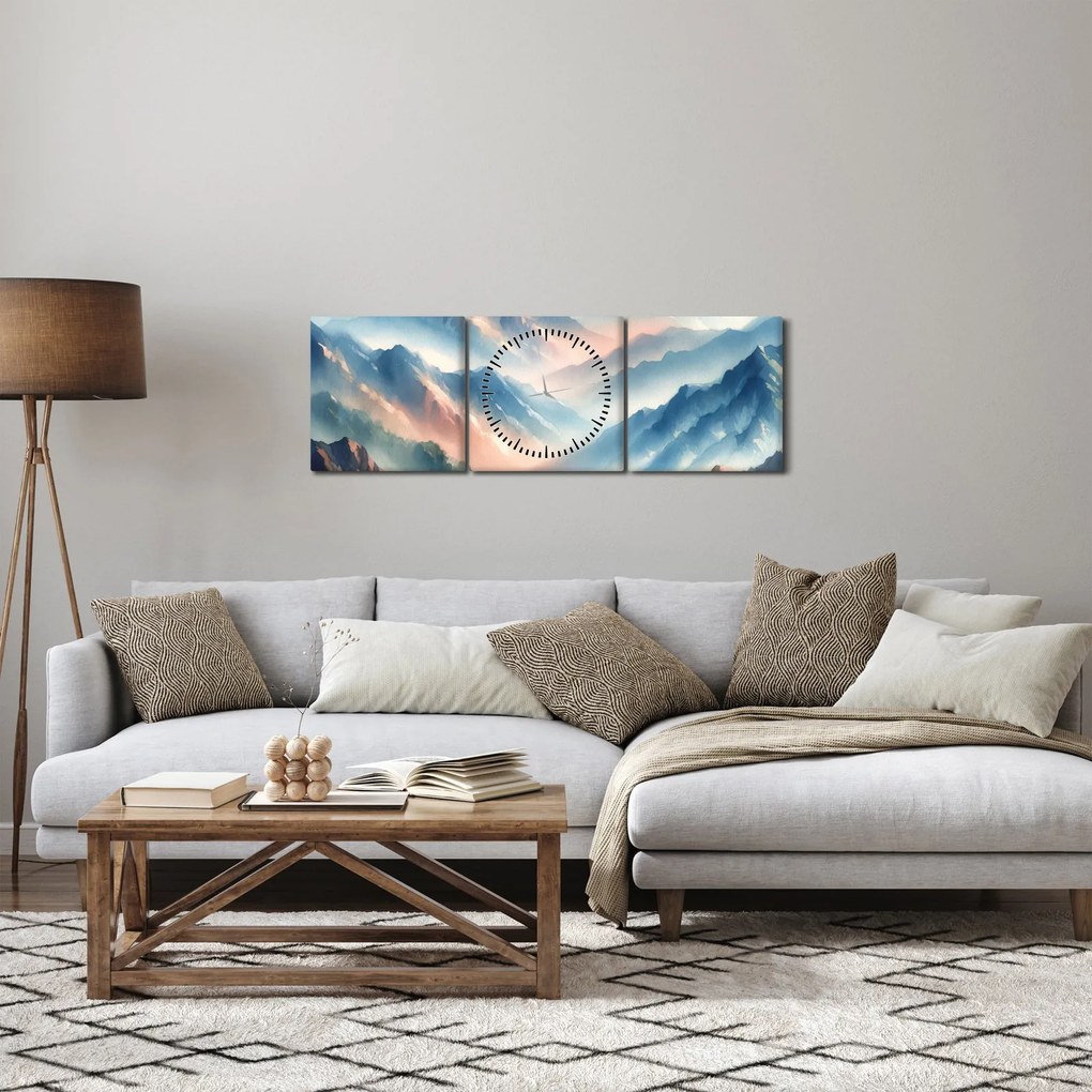Obraz - Akwarelowe góry (z zegarem) (90x30 cm)