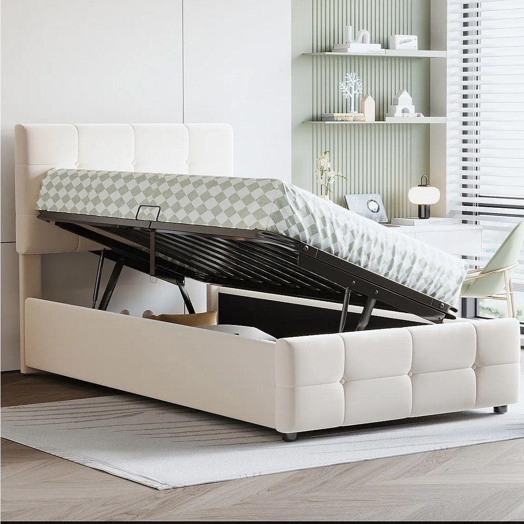 Łóżko ze schowkiem 90 x 200 cm z regulowanym wezgłowiem - tkanina aksamitna - stelaż listwowy - beżowe (bez materaca)