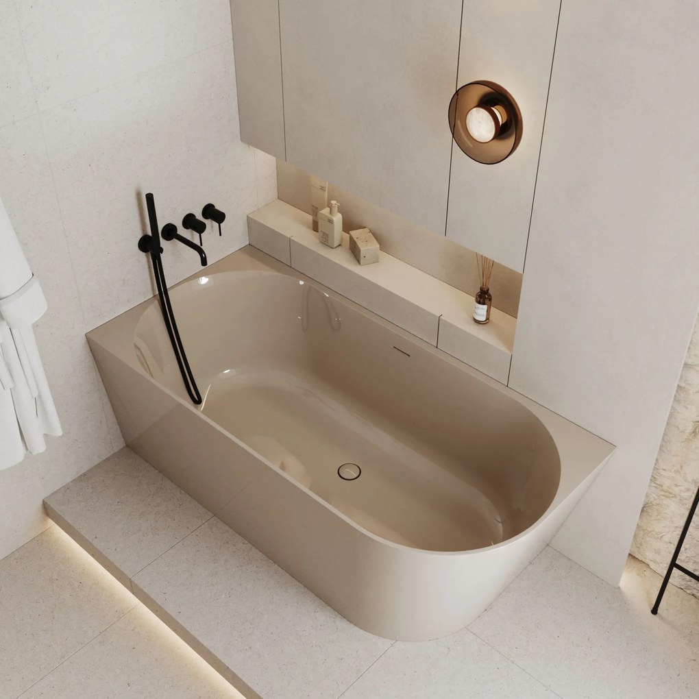 Wanna wolnostojąca narożna lewa z konglomeratu beżowa błyszcząca 160 x 75 cm WALL Beige Glow z przelewem typu SLIM : Kolor wanny - Beż połysk