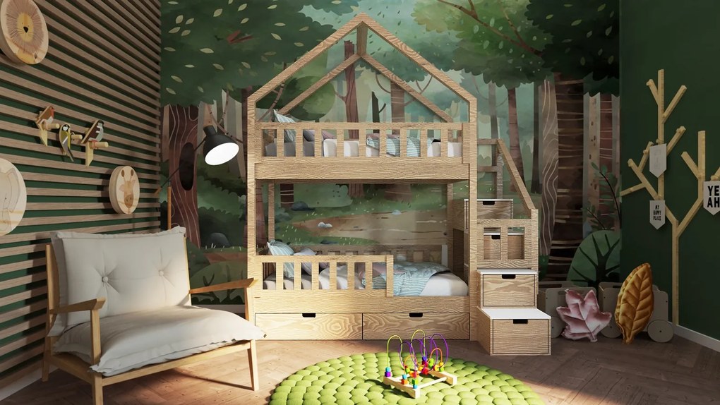 Łóżko piętrowe domek Marulla 108P ze schodkami, barierkami i otwartym daszkiem