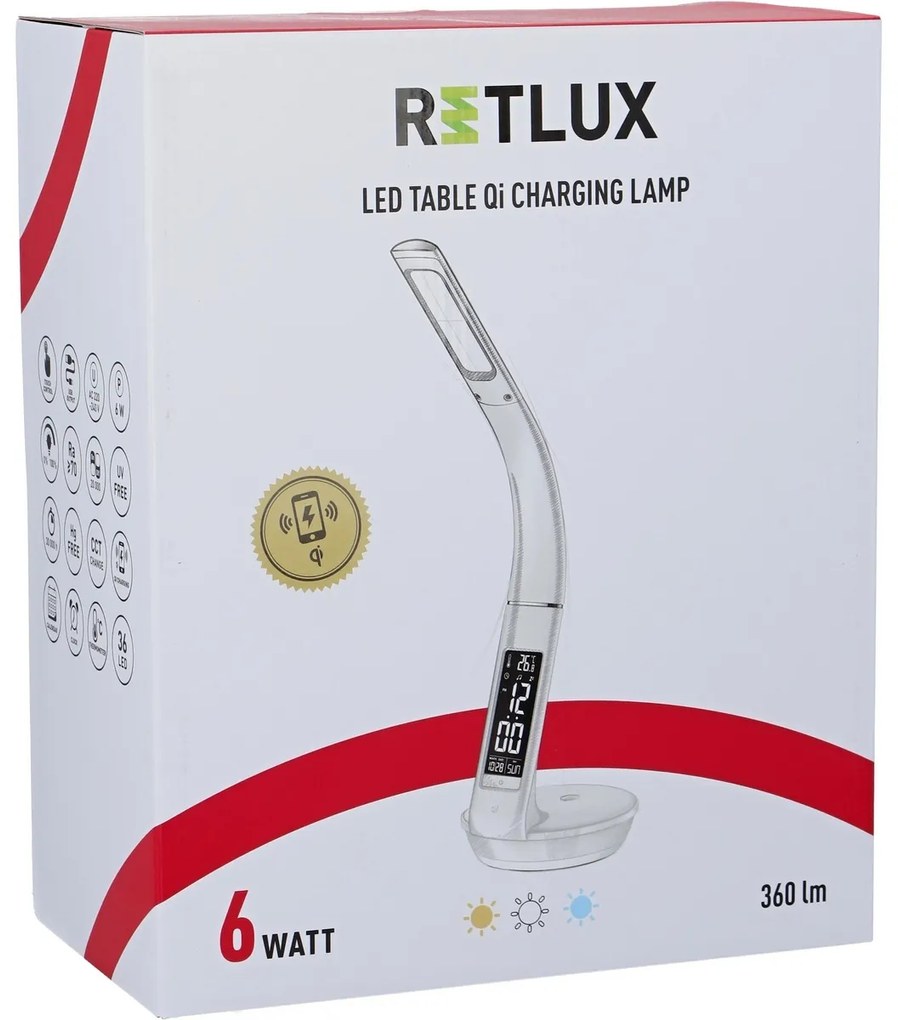 Retlux RTL 203 Lampa stołowa LED z wyświetlaczem i ładowaniem Qi biały, 6 W
