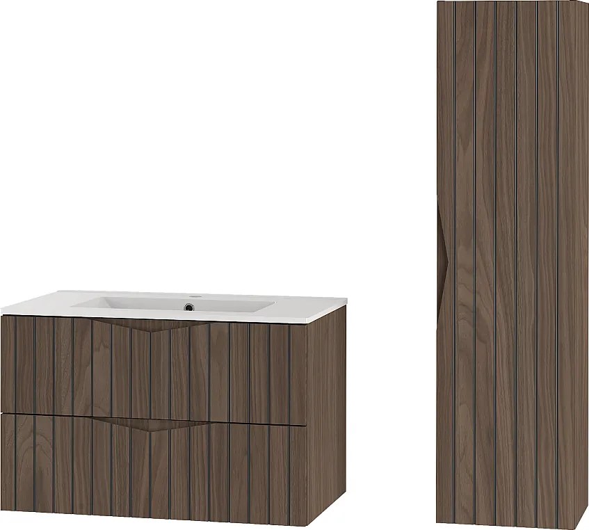 Zestaw Łazienkowy 80cm Szafka z Umywalką Słupek Ryflowane Fronty Dąb Orzech Stella