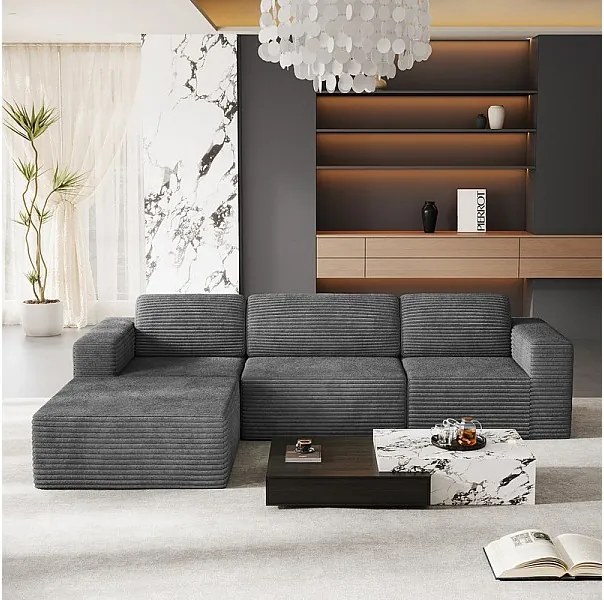 Modułowa Sofa 3-osobowa z pufą - w Welurze Żebrowanym - narożnik odwracalny - Szary - 303x202x82cm