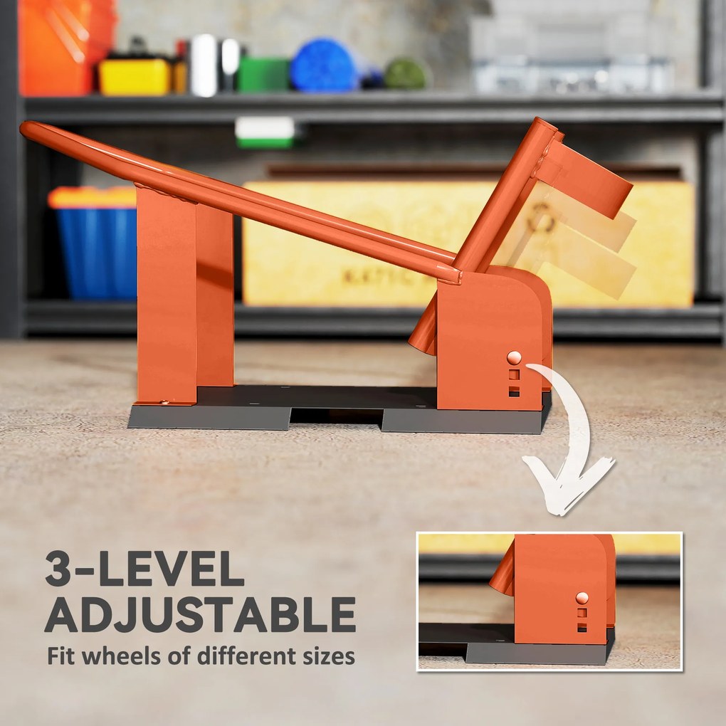 HOMCOM Stojak motocyklowy do przedniego koła 38,1-53,34 cm, 381-533,4 mm, regulowany klocek pod koło, nośność 816,5 kg, Pomarańczowy | Aosom PL
