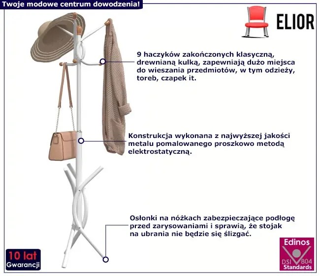 Biały stojący wieszak na ubrania z 9 haczykami N1-T20