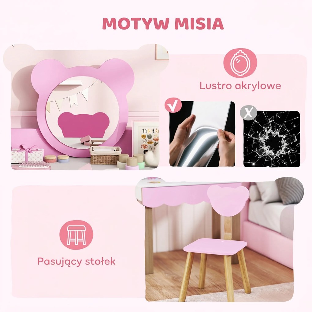 AIYAPLAY Zestaw toaletki dla dzieci z hokerem, lustro w kształcie misia, szuflada, MDF, różowy