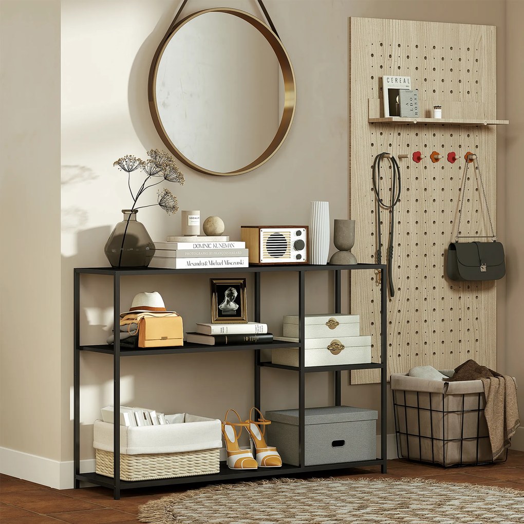 HOMCOM Stół Konsolowy, 4 Poziomy, Rama ze Stali, do Przedpokoju, Salonu, Czarny