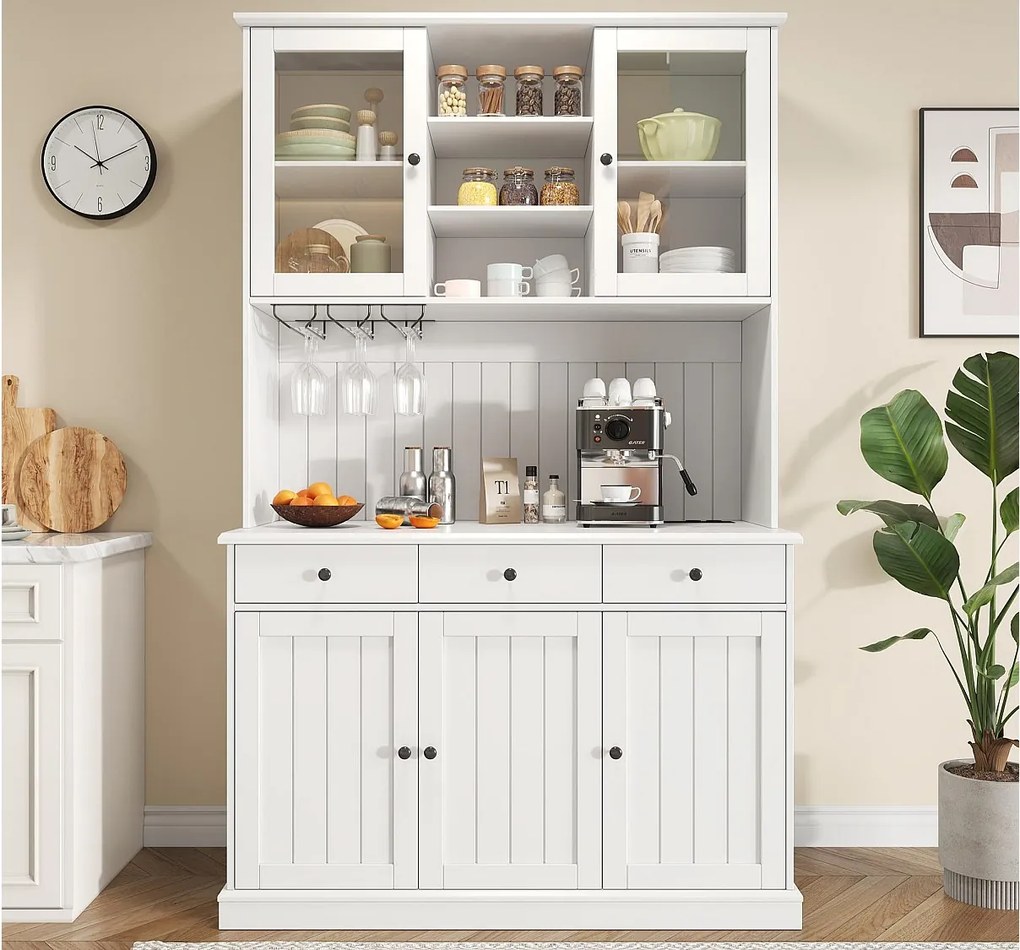 Kredens kuchenny 120x40x191 cm - 5 drzwi i 3 szuflady - z gniazdkiem elektrycznym i portem USB - Uchwyt na kieliszki do wina - Półki regulowane - Biały