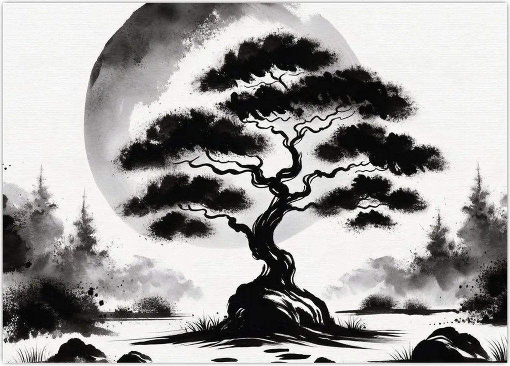 Obraz na szkle – Czarno-biały bonsai (70x50 cm)