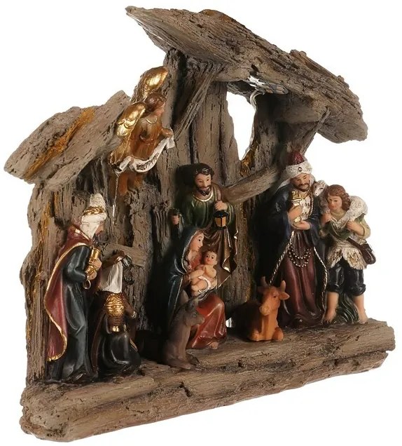 Dekoracja świąteczna Szopka z Trzema Królami i aniołem, poliresin, LED, brązowy, 20 x 23 x 7 cm