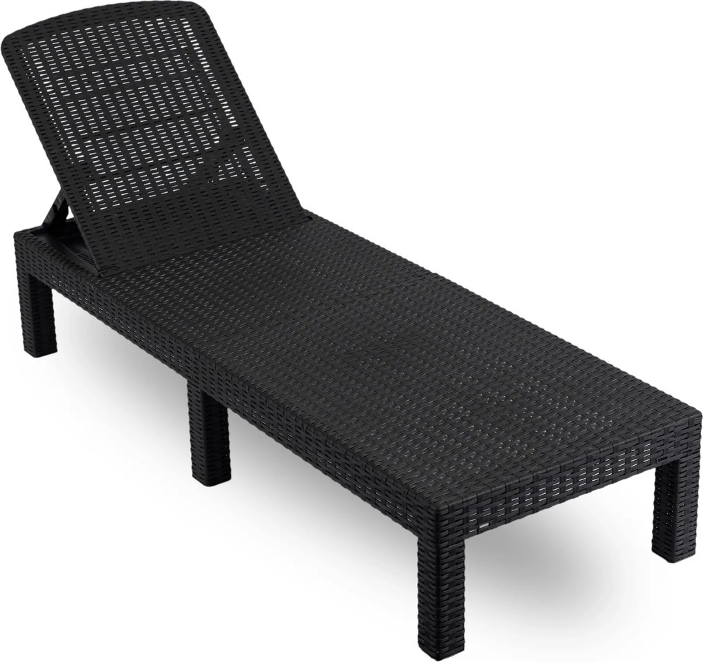 Regulowany leżak ogrodowy składany Luizjana, technorattan z poduszką, czarny/szary