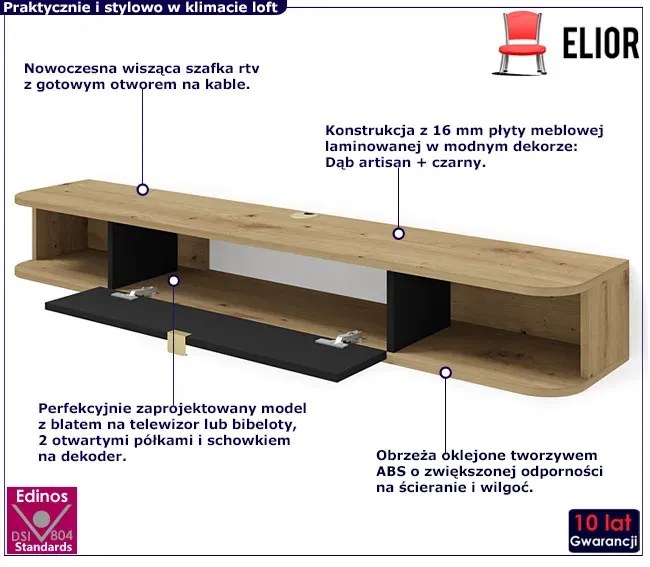 Wisząca szafka rtv dąb artisan + czarny - Calmero