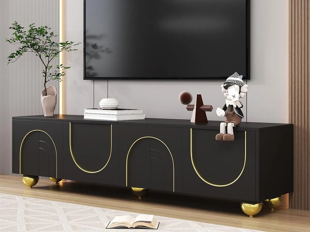 Nowoczesny mebel TV 170x38x44cm - z 4 teksturowanymi drzwiami - złota ramka - złote okrągłe nogi - czarny