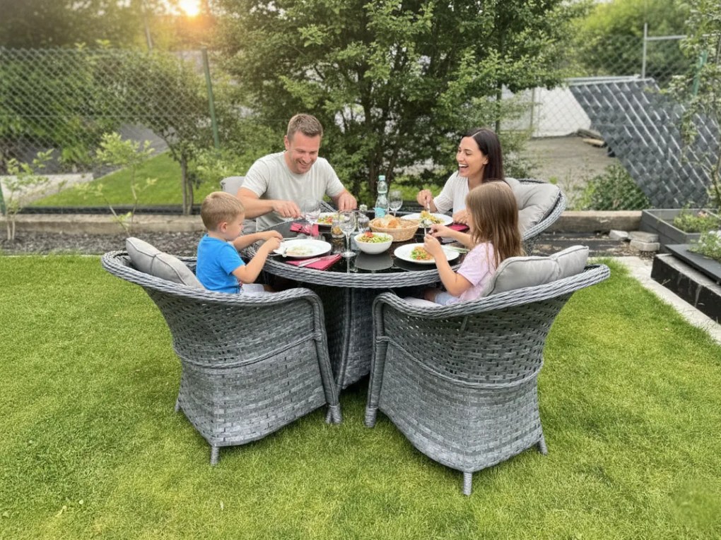 Zestaw obiadowy z technorattanu (okrągły stół + 4 fotele) MODERNO szary