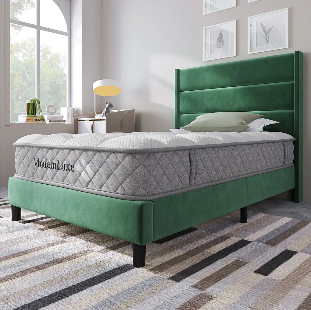 Łóżko młodzieżowe tapicerowane - 90 x 200 cm - ze stelażem listwowym + zagłówek - len - kolor zielony (z materacem)