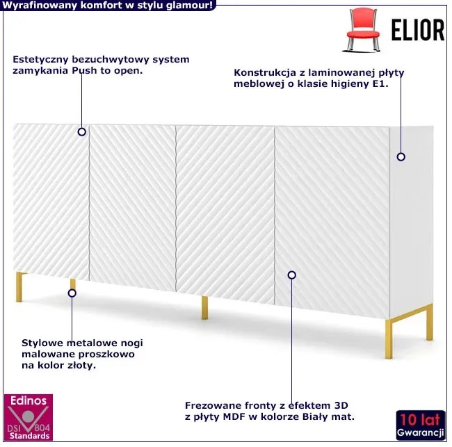 Długa komoda 200 cm biały mat + złote nóżki Ordi