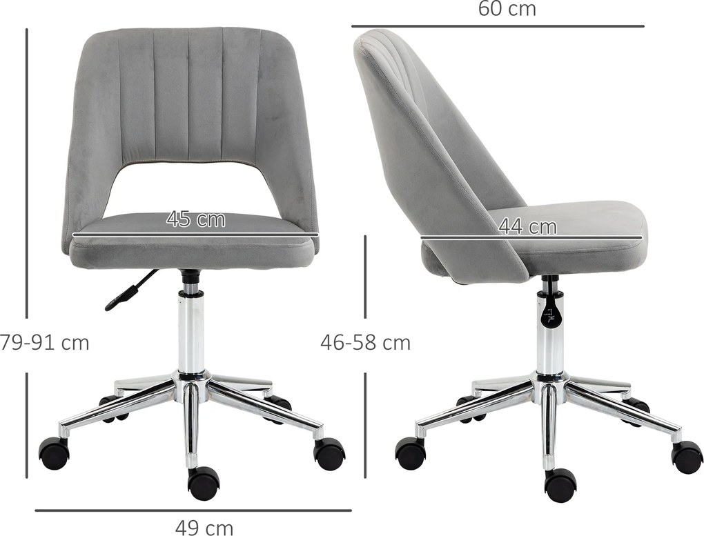 Vinsetto Regulowany wysokością fotel biurowy na kółkach, obrót 360°, kształt muszli, pianka, 49 x 60 x 79-91 cm, Szary