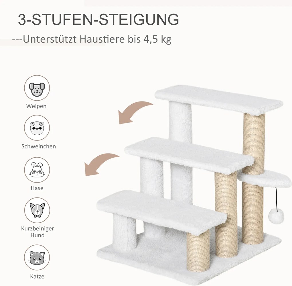 PawHut Schody dla zwierząt 3-poziomowe Pluszowa juta dla psów i kotów Białe 45x40x48cm | Aosom PL