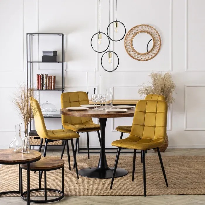 Zestaw Stół Okrągły LINO 100 cm Dąb Rustykalny/Czarny i 4 Krzesła Tapicerowane do Jadalni PERU Musztardowe Welurowe Nowoczesne
