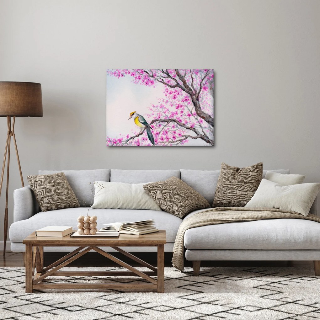 Obraz - ptak na drzewie z różowymi kwiatami (70x50 cm)