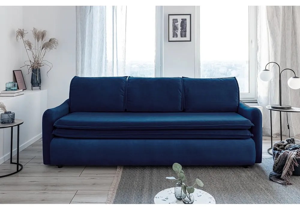 Granatowa aksamitna rozkładana sofa Miuform Tender Eddie