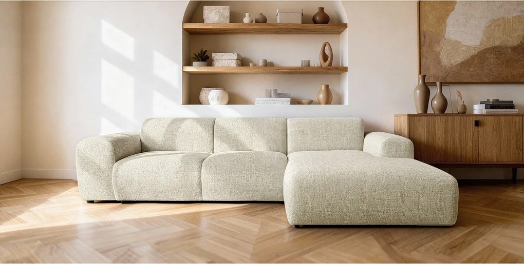 Narożnik GIN w kształcie litery L 310x192 cm | Pufa po prawej | Tkanina kremowo-biała PUENTE 03