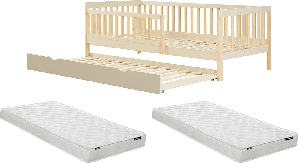 Łóżko 90 x 190 cm z wysuwaną szufladą z funkcją spania - Sosna i MDF – Beżowy i Naturalny + Materac - PROVIATI