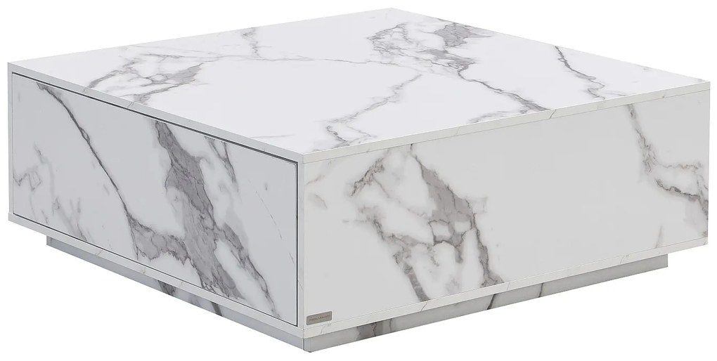 Stolik kawowy z 2 szufladami z MDF - szer. 90 cm Efekt białego marmuru - ANTRIM