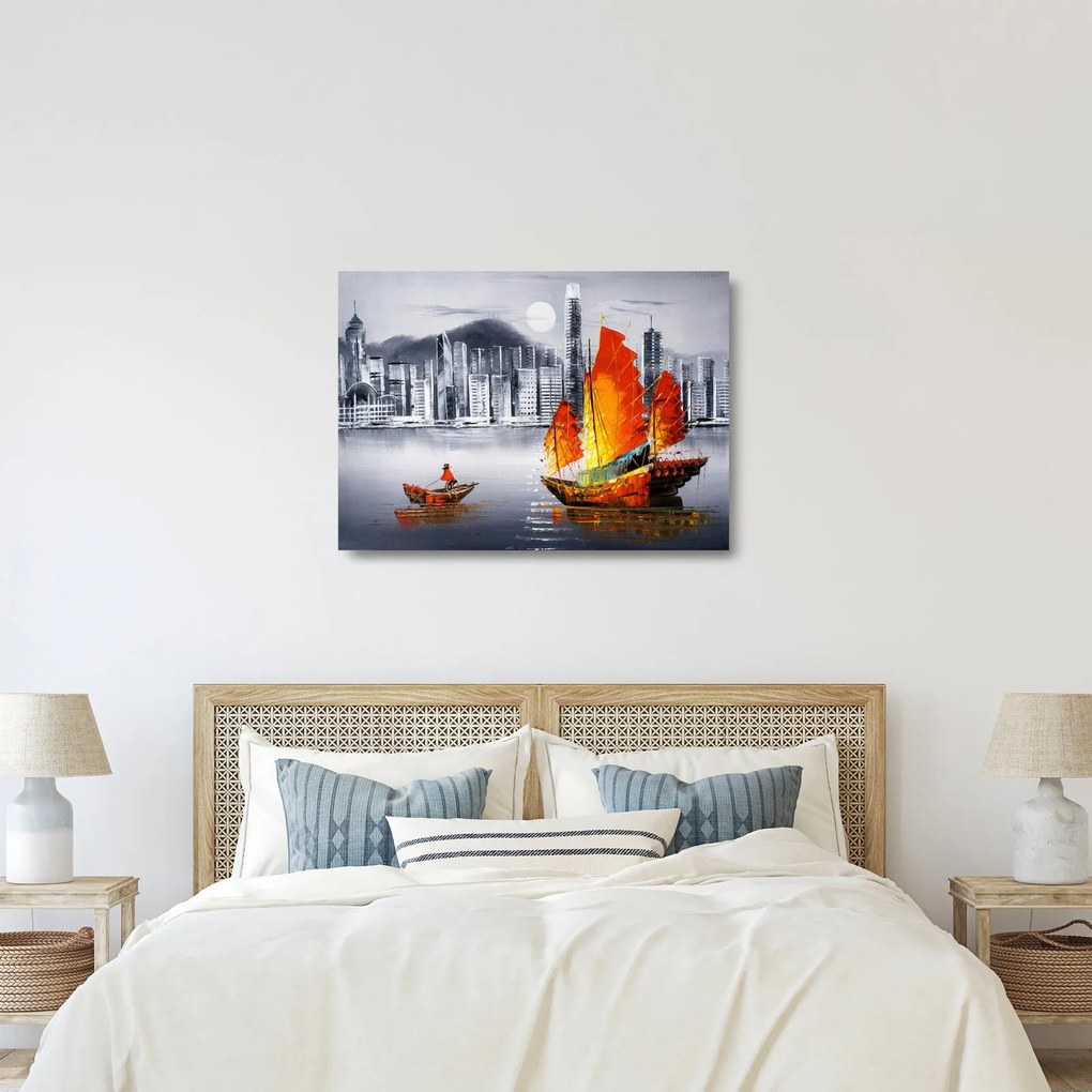 Obraz na szkle - Victoria Harbor, Hongkong, czarno-biały obraz olejny (70x50 cm)