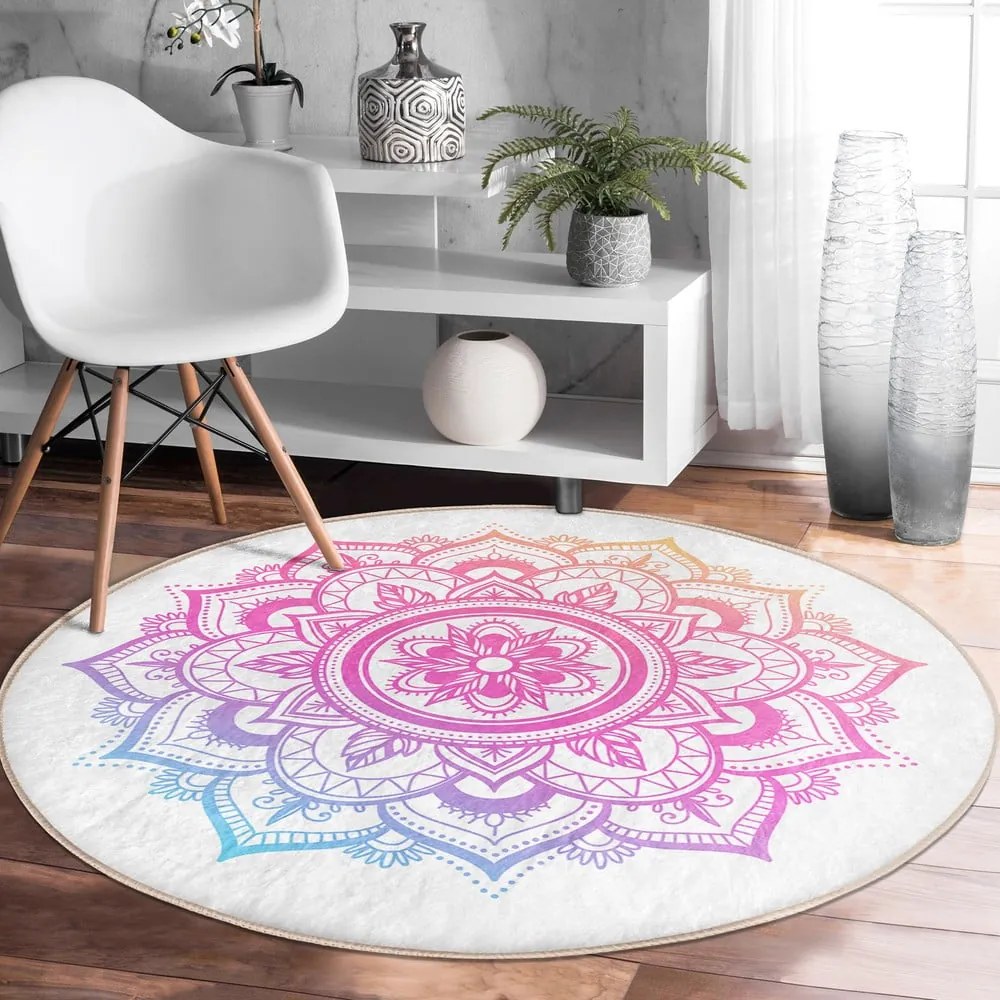 Biało-różowy okrągły dywan odpowiedni do prania i robotów sprzątających ø 100 cm Comfort – Mila Home