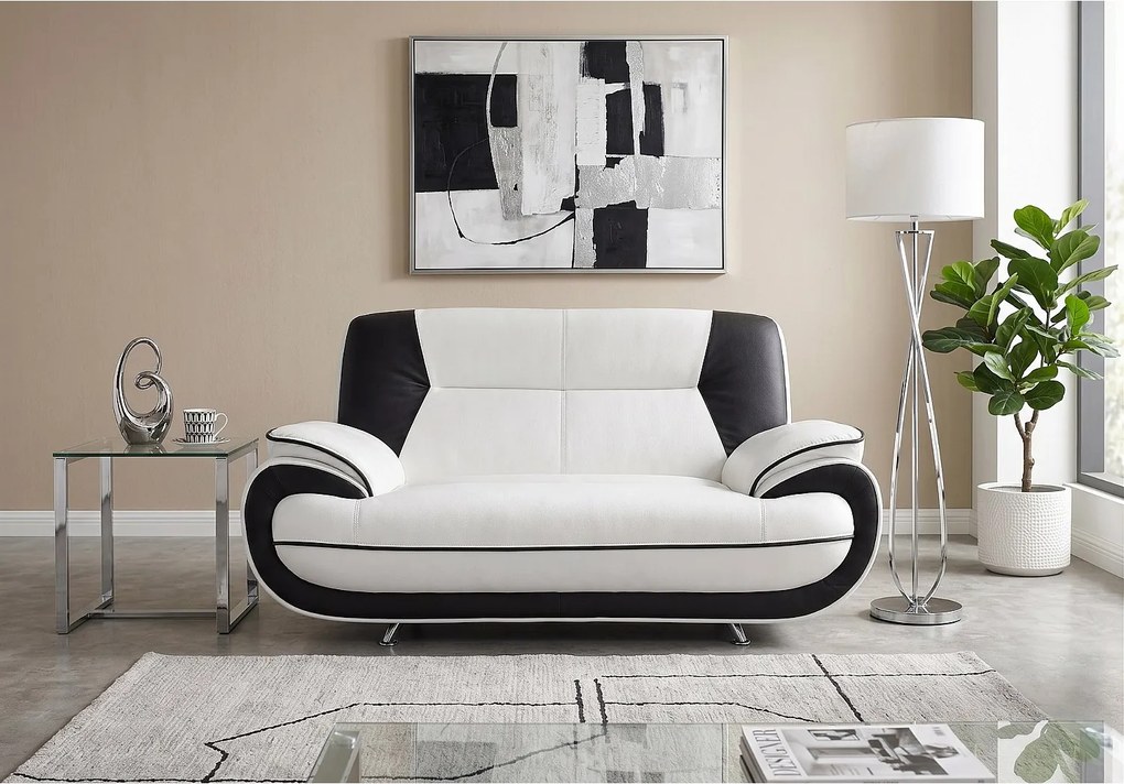 Sofa PALERMO 2-osobowa – elegancka sofa do salonu w ekoskórze SOFT biało- czarnej