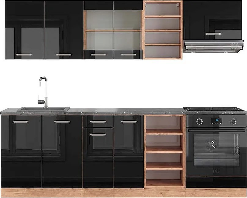 Zabudowa kuchenna czarny/złoty dąb o wysokim połysku 240x60x81.6 r-line